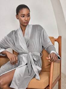 Ocili Women's Silky Gray Comfortable Velvet Loose Belted Mid-Length Robe, Sleepwear - Grey - View 7