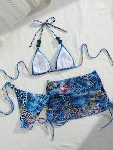 Swim SXY 3件套性感豹纹露背吊带三角比基尼套装，配豹纹网纱抽绳迷你裙，夏季度假 - 彩色 - 查看 6