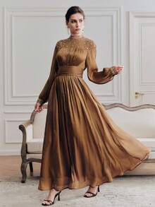 Anewsta Romantic Elegant Party Rhinestone Embellished Waist Dress - Coffee - View 6