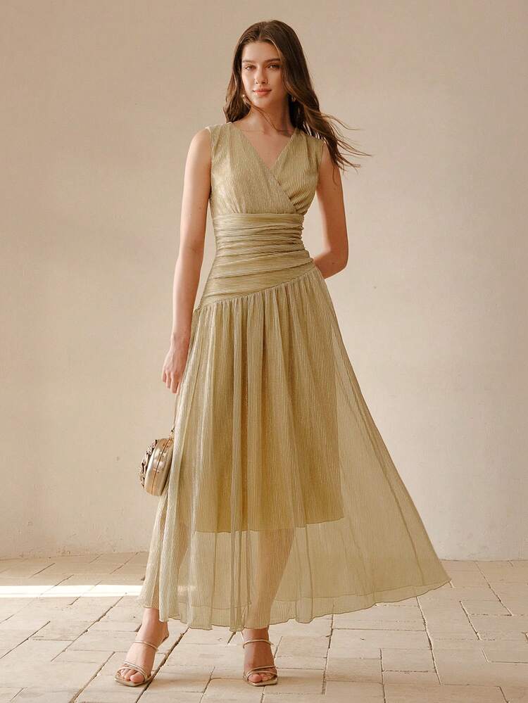 SUMMER FRENCH ROMANTIC V-NECK SOLID COLOR ELEGANT RUCHED WAIST FITTED SLIM DRESS FOR WOMEN