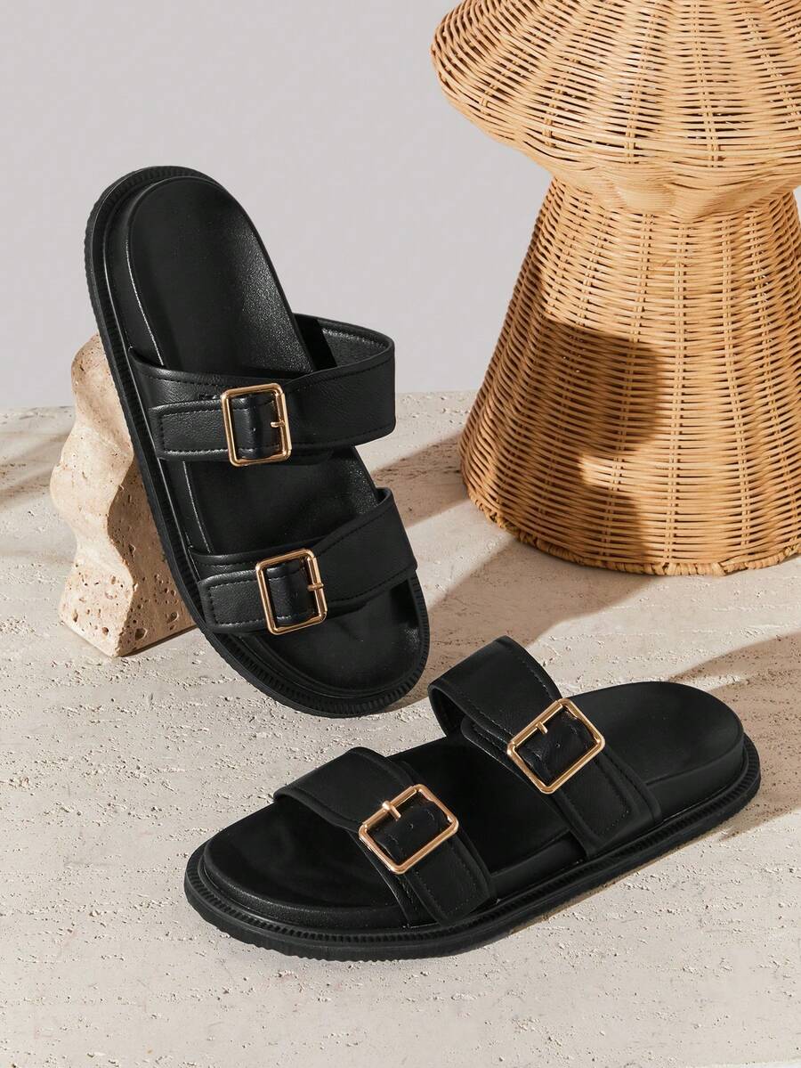 SHUZIA 男士双扣宽带软鞋垫优质人造革黑色拖鞋 – 舒适、简约、百搭，情人节之选 - 黑色 - 查看 1