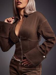 Denimoi Chaqueta y abrigo de mezclilla ajustado con cremallera de unicolor para mujer - Marrón - Ver 1