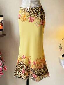 INAWLY Leopard & Floral Print Elegant Fashionable Bodycon Skirt - Yellow - View 4