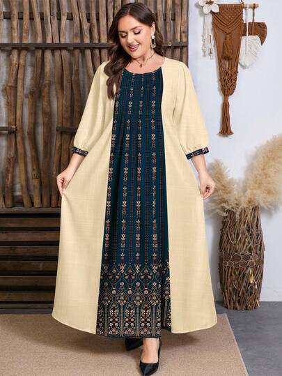 SHEIN Najma Plus Size Women's Graphic Geometric Floral Print Color Block Round Neck Pleated Design Waist Flared Midi Dress, Spring