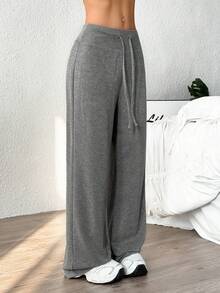 Eassivo Eassivo Casual Solid Color Drawstring Waist Loose Fit Sports Pants - Grey - View 8