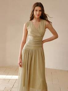 MOTF PREMIUM VESTIDO DE VERANO FRANCÉS ROMÁNTICO DE CUELLO EN V DE unicolor, ELEGANTE, CON CINTURA FRUNCIDA, AJUSTADO Y ESTILIZADO PARA MUJERES - Dorado - Ver 5