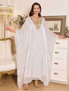SHEIN Elenzya Women's Elegant Embellished Collar Solid Color Shiny Sequin Dress - White - View 4