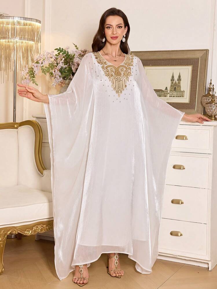 SHEIN Elenzya 女士优雅亮片领纯色亮片连衣裙 - 白色 - 查看 4
