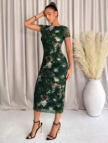 SHEIN Clasi 大码夏季时尚撞色网纱动物纹连衣裙 - 墨綠色 - 查看 5