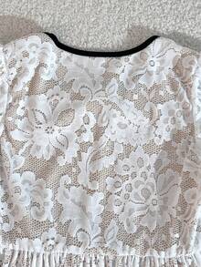 SHEIN Elladie kids Tween Girl Black Contrast Lace Trim Waist Floral Jacquard Fabric Elegant Puff Sleeve Mini Dress - Apricot - View 4