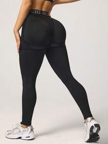 Slayform 黑色字母印花紧身瑜伽裤 - 黑色 - 查看 6