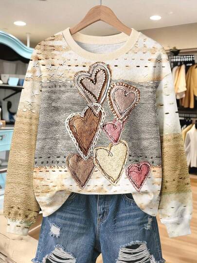 EMERY ROSE Women's Faux Texture Heart Patchwork Print Sweatshirt, Comfortable Round Neck Long Sleeve Top, Suitable For Daily Wear