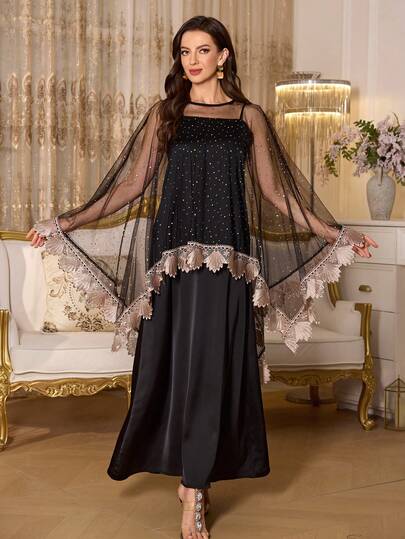 SHEIN Elenzya Women's Elegant Mesh Patchwork Floral Embroidery Shawl And Camisole Dress 2 Pieces Set