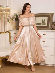 Selianne Women's Elegant Off-Shoulder Ruffle Decor Waist-Cinched A-Line Maxi Dress, Glossy Fabric Suitable For Banquet, Date, Party, Spring/Summer - Champagne - View 5