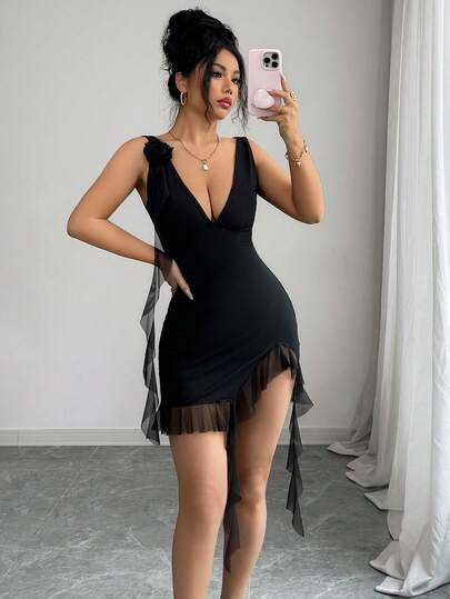 SHEIN Raffinéa Spring/Summer New Mesh Patchwork Stretchy 3D Floral Solid Color Bodycon Deep V-Neck Ruched Bust Cinched Waist High Slit Ruffle Hem Asymmetric Backless Sexy Elegant Party Holiday Date Night Mini Dress For Women