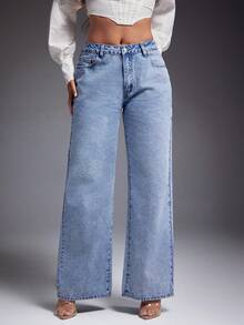 Denimoi Women's Casual Everyday Star Pattern Washed Straight Leg Jeans - Medium Wash - View 3