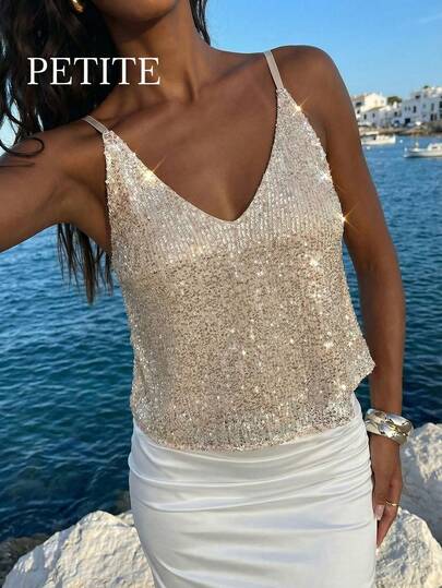 Nevyona Canotta aderente a scollo a V di moda da donna, adatta per l'abbigliamento da festa di Capodanno