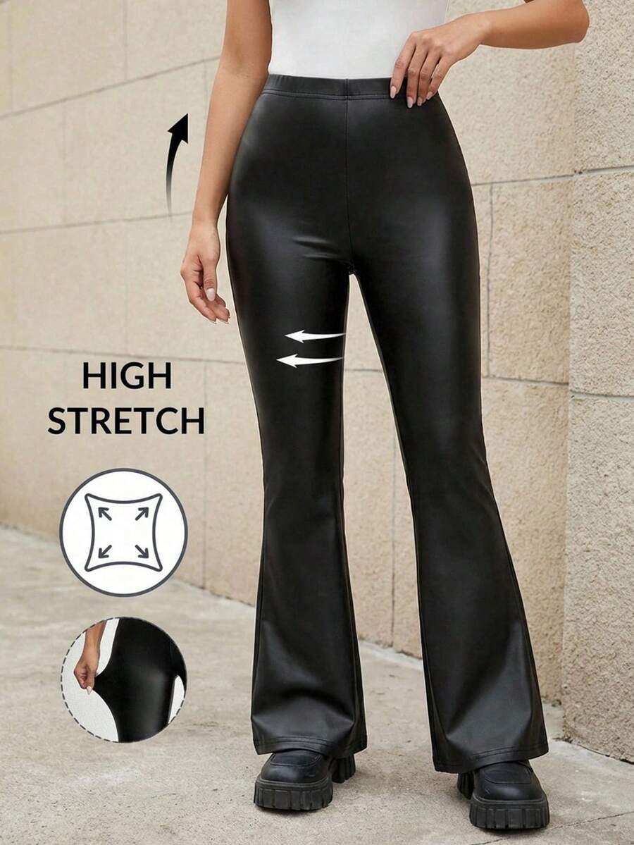 SHEIN Quần ống loe bó sát co giãn cao bằng da PU thời trang dành cho bé gái tuổi teen - màu đen - Xem 1