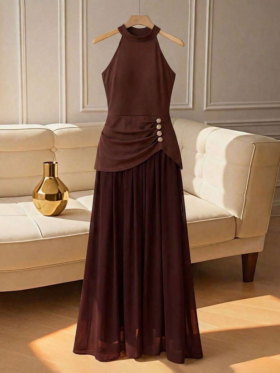 Elenzga Đầm nữ màu nâu cà phê, cổ tròn, không tay, thắt eo, thiết kế tinh tế với điểm nhấn là hàng cúc xếp ly phía trước, lớp lưới polyester phủ ngoài, chân váy xòe rộng, thanh lịch cho sinh nhật, hẹn hò, tiệc tùng, các dịp trang trọng, mùa xuân. - Cà phê nâu - Xem 1