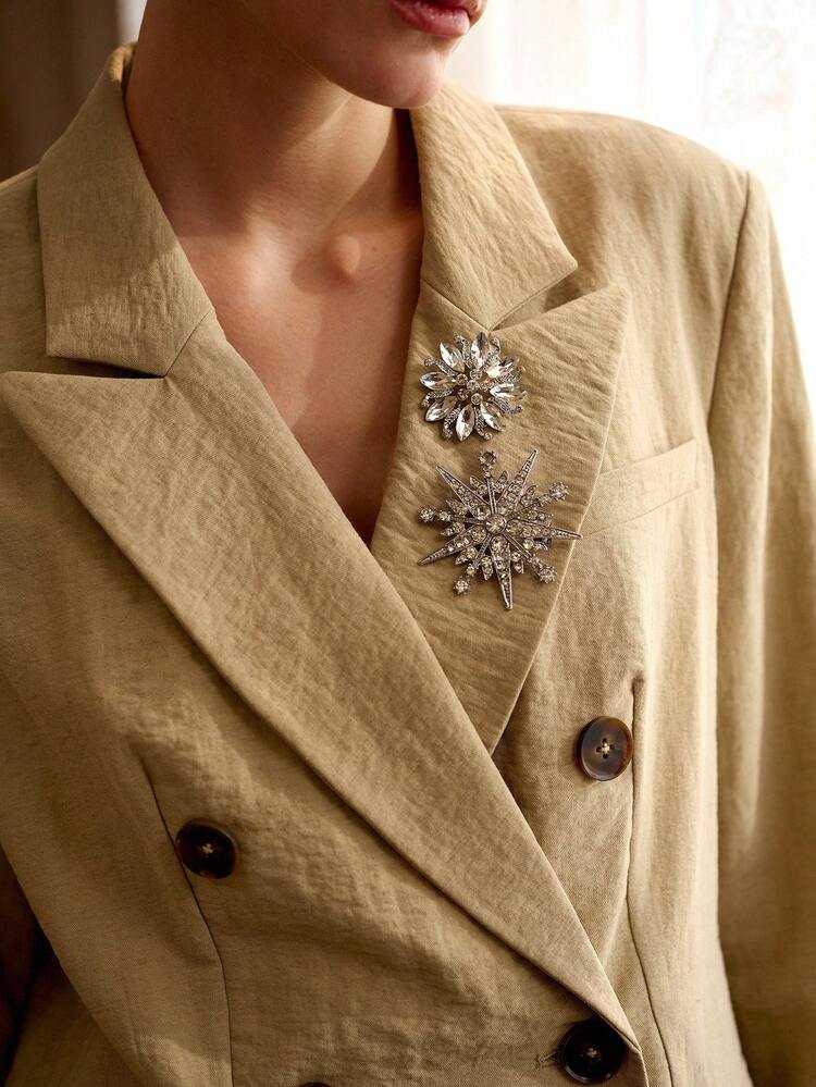 SPRING/SUMMER TEXTURED LINEN OVERSIZED BLAZER WITH BROOCH DECOR, OLD MONEY VINTAGE STYLE