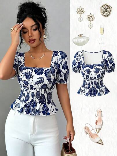 SHEIN Elenzya Women's Leaf & Parrot Print Short Sleeve Blouse, Cinched Waist Design, Elegant For Vacation, Daily Commute, French Chic, Vintage, Business, Holiday, Blue & White Puff Sleeve, Early Spring/Spring-Summer New