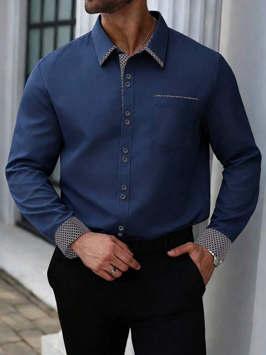 Manfinity Mode 大码男士时尚百搭通勤印花拼接衬衫 - 藏蓝色 - 查看 1