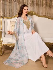 SHEIN Elenzya Set de 2 piezas de bata y vestido con estampado floral y ribete de encaje dorado para mujer - Multicolor - Ver 3