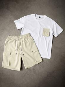 Sorvial Conjunto de camiseta de cuello redondo de manga corta con bolsillo y pantalones cortos con cordón para hombre - Multicolor - Ver 5