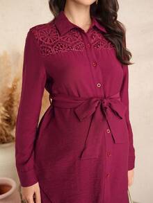 SHEIN Maternity Solid Color Contrast Lace Long Sleeve Button-Up Shirt And Pants Elegant 2-Piece Set - Burgundy - View 3
