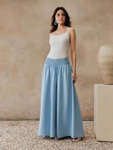 Anewsta Women's Blue And White Summer Vacation Outfit,Elegant Minimalist Knit Camisole Splicing Woven Flared Casual Dress,Baby Blue Long Dress - Blue - View 5