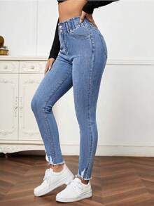 SHEIN LUNE Mid-Rise Paper Bag Waist Casual Everyday Jeans - Medium Wash - View 4