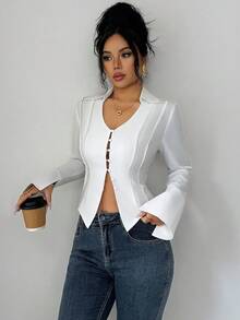 Modelyn White Long Sleeve V-Neck Mushroom Button Decor Sexy Fitted Blouse - White - View 6
