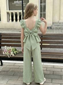 SHEIN 少女薄荷绿纹理面料蝴蝶结后背荷叶边衬衫和裤子两件套 - 薄荷綠 - 查看 8