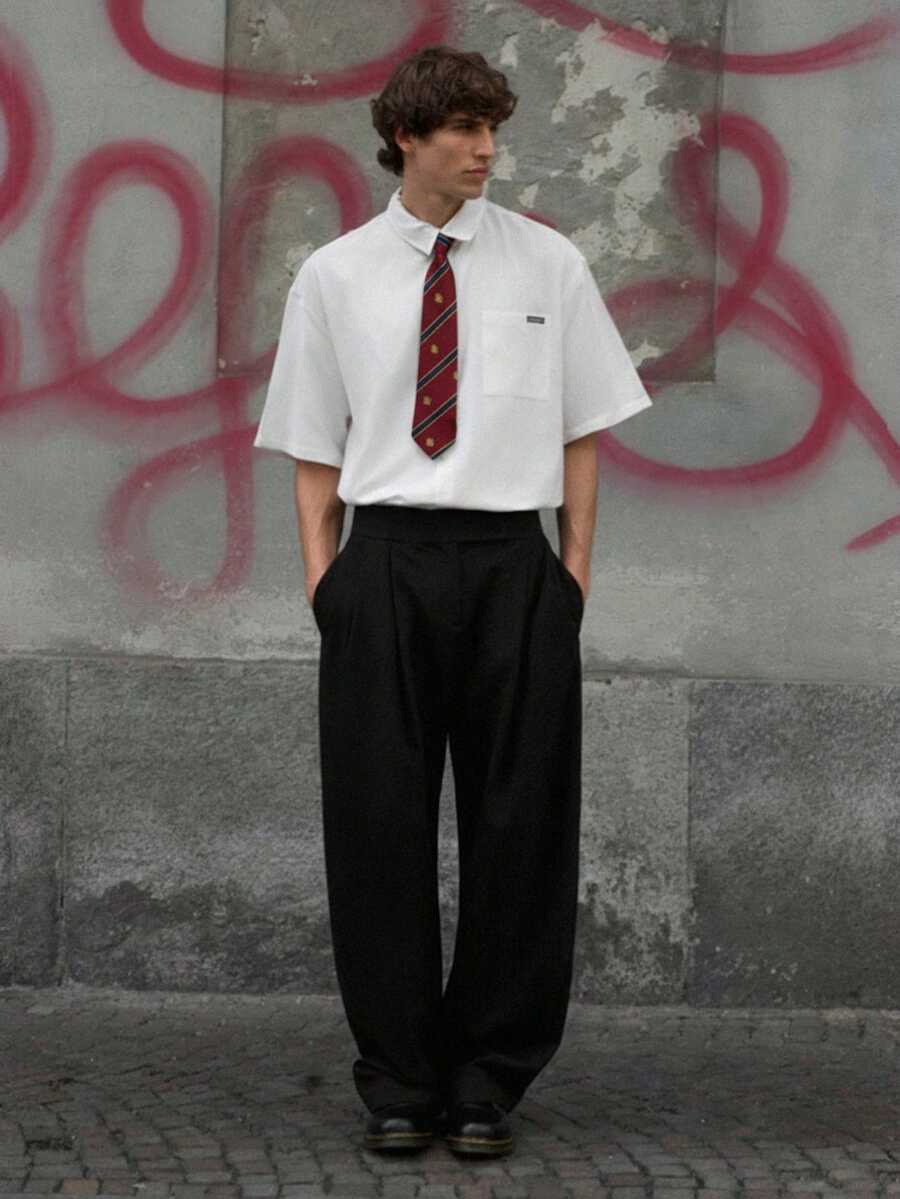 SWAVVY 男士夏季梭织休闲口袋前开襟纽扣短袖衬衫 - 白色 - 查看 1