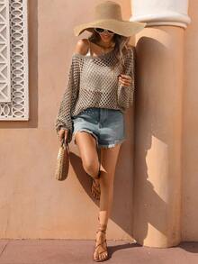 Selianne 休闲度假风派对灯笼袖亮面香槟金镂空套头毛衣（不对称肩部），春夏款 - 香檳色 - 查看 3