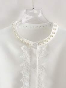 Franclia Women's Simple Blouse, Everyday Commuting Blouse, Round Neck, Long Sleeve Blouse, Pearl Lace Blouse, Elegant Women's Blouse - White - View 5