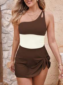 Swim Lushoire Bộ 2 món/bộ, áo tắm tankini một vai phối màu mới năm 2025 dành cho nữ, có đệm mềm mại, giúp thon gọn vóc dáng. - Nhiều màu - Xem 3