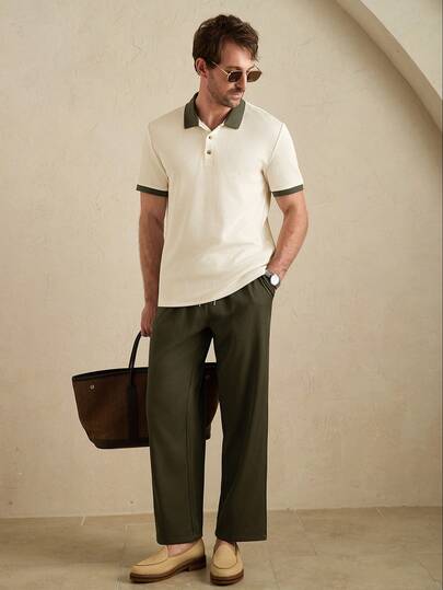 Core Aspect Men's Cream Waffle Knit Polo With Green Trim & Olive Pants Set - Breathable Fabric, Regular Fit For Business Casual & TravelMen's Jacquard Knit Polo Shirt And Woven Pants Set, Casual Outfit. Suitable For Daily Outings, Mens Classic Fit Polo Shirt Short Sleeve Button Down Green Contrast Collar And Cuffs For Casual Outfits
