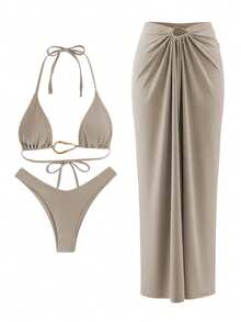 GlowEve Halter Tie Ruched Metal Buckle Bikini Top + Bodycon Skirt Sexy Women 2-Piece Set - Khaki - View 6