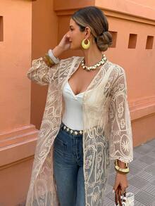 Selianne Women Lace Long Flowy Kimono Cardigan Boho Style Beach Open Cover Ups - Apricot - View 4