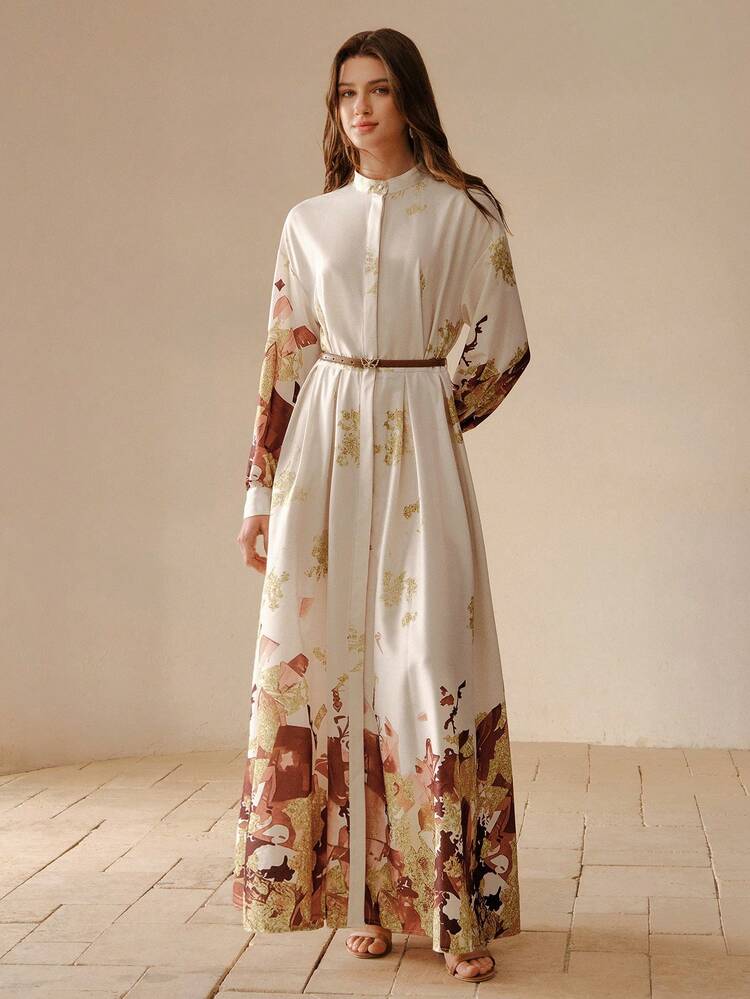 MOTF Soiréza 女性用エレガントなフィットロングスリーブシャツドレス - スタンドカラー、フロントオープンマキシドレス | グラデーションランダムフローラルパターン、取り外し可能ベルトカクテルドレス | 結婚式、パーティー、祝祭イベントに最適