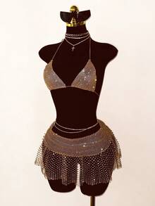 SHEIN Jeanoir Women's Sexy Mini Skirt, Fishnet Inlaid With Rhinestones, Shiny And Suitable For Party Outfits - Champagne - View 7