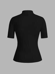 SHEIN EZwear Bộ 2 áo thun nữ cỡ lớn cổ cao tay ngắn màu đen và kaki kiểu dáng tối giản, thích hợp cho mùa xuân và mùa hè. - Nhiều màu - Xem 6