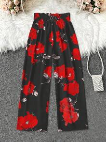 Breezaya 女士休闲优雅印花系带腰裤 - 酒紅色 - 查看 2