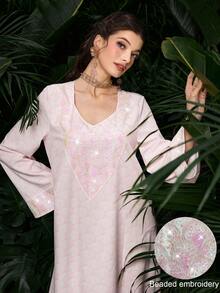 Al Najma Sequin Digital Print Long Sleeve Loose Fashion Elegant Pink Dress For Women - Pink - View 10