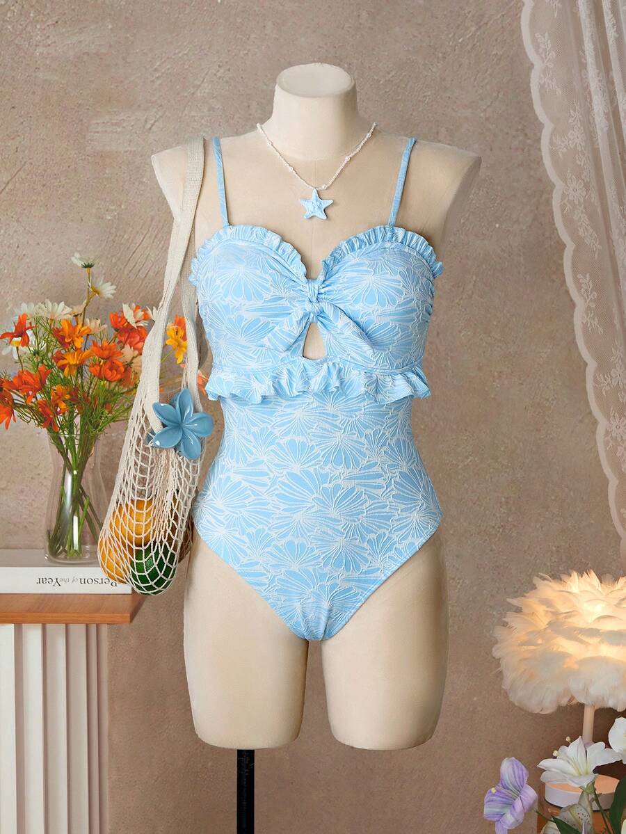 Swim Mod Women's Floral Print Frill Trim One-Piece Swimsuit, Vacation Style - Blue - View 1