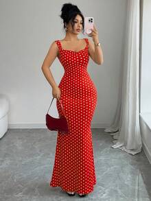 Elenzga Đầm đuôi cá hở lưng chấm bi cổ điển thanh lịch, phối nhiều mảnh vải, thắt nơ, thích hợp cho các buổi hẹn hò và tiệc tùng, trang phục duyên dáng và quyến rũ, mùa xuân/hè. - Nhiều màu - Xem 4