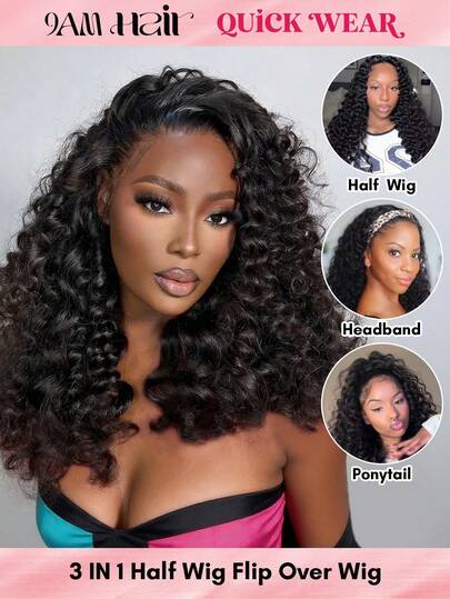 QUICK WEAR 9am Hair Store 即戴即用半假发，预造型卷发棒卷曲/蓬松直发，灵活贴合，三合一半假发，带抽绳，自然发际线，无缝设计，新手友好，即戴即用，无需胶水，真人发假发，预先拔毛发际线，180%密度，16-26英寸常规尺寸，自然色，未经加工的处女发，情人节真人发无蕾丝假发，自然无胶假发，适合浪漫约会，女士真人发假发