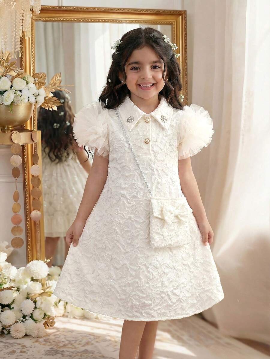 Vestito da principessa per bambine e ragazze, nuova versione coreana per l'estate, in tessuto jacquard con piccolo colletto, decorato con diamanti, maniche a balze e design in rete, linea ad A. Borsa a tracolla diagonale con fiocco, color albicocca, semplice ed elegante, adatto per feste di compleanno e occasioni di lusso. - Cachi - Visualizzare 1