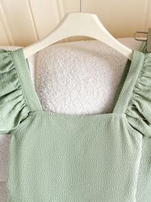 SHEIN 少女薄荷绿纹理面料蝴蝶结后背荷叶边衬衫和裤子两件套 - 薄荷綠 - 查看 10